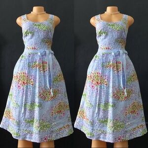 Liz Claiborne Womens Linen Midi Dress 6 Blue Painted Floral Sleeveless Coastal